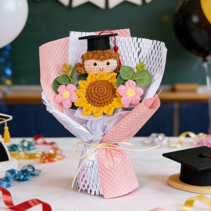Crochet Graduation Bouquet with Graduation Doll Class of 2026 Keepsake Knitted Grad Flowers Gift for Her