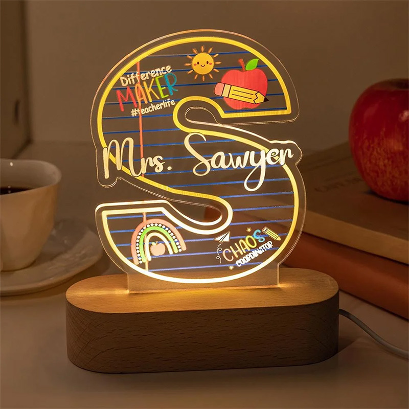 Personalized "Difference Maker" Apple Pencil LED Night Light Custom Name with Wooden Base Teacher's Day Appreciation Gift