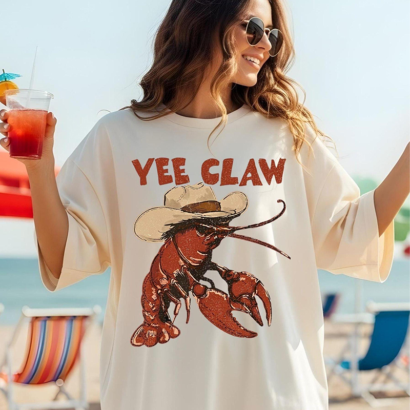 Personalized Yee Claw Cowboy Crawfish Graphic T-Shirt, Funny Western Tee for Beach and Summer Outings