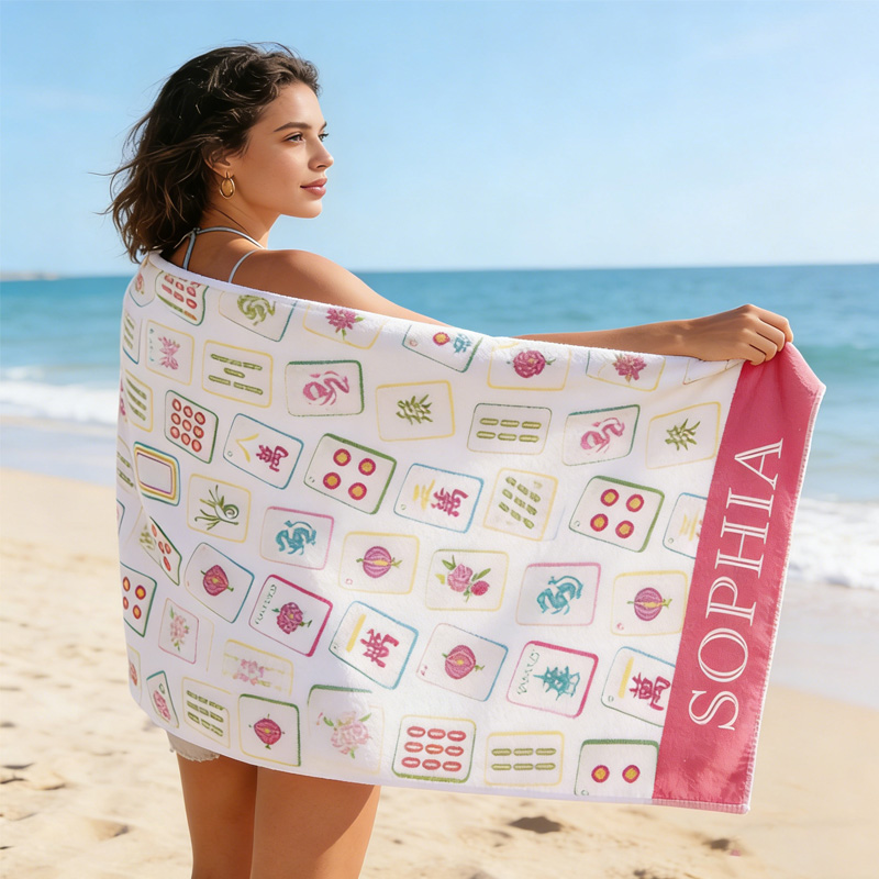 Watercolor Bright Mahjong Tiles Monogram Beach Towel Pink Coquette Mahjong Towel Feminine Elegant Accessory