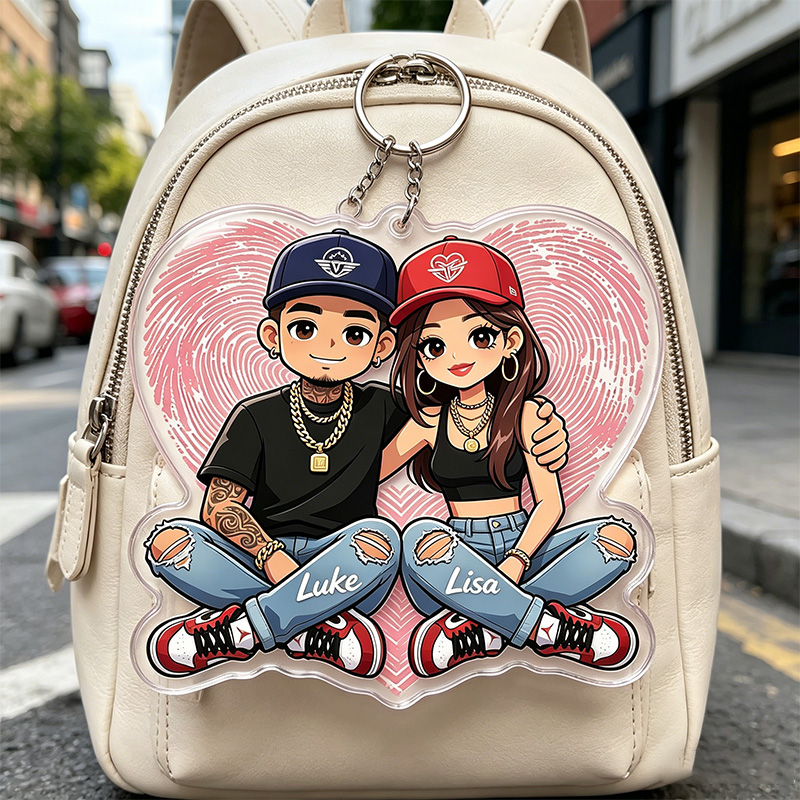 Personalized Hip Hop Cartoon Character Couple Keychain with Name Y2K Couple 