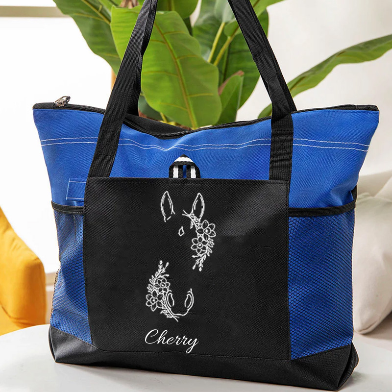 Personalized Horse Birth Flower Oxford Large Tote Bag with Name Travel Essentials Birthday Gift for Equestrain Lovers 