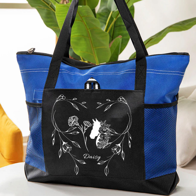 Personalized Horse Heart Birth Flower Oxford Large Tote Bag with Name Travel Essentials Birthday Gift for Equestrain Lovers 