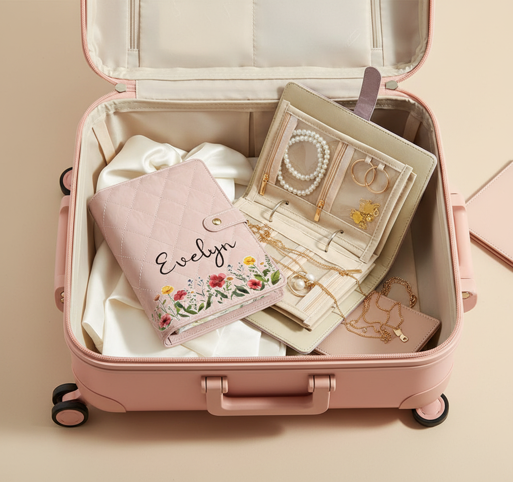 Personalized Floral Jewelry Organizer Book Custom Name and Birth Flower Travel Case with Mirror  Velvet Pages  Modular Storage Gift for Women