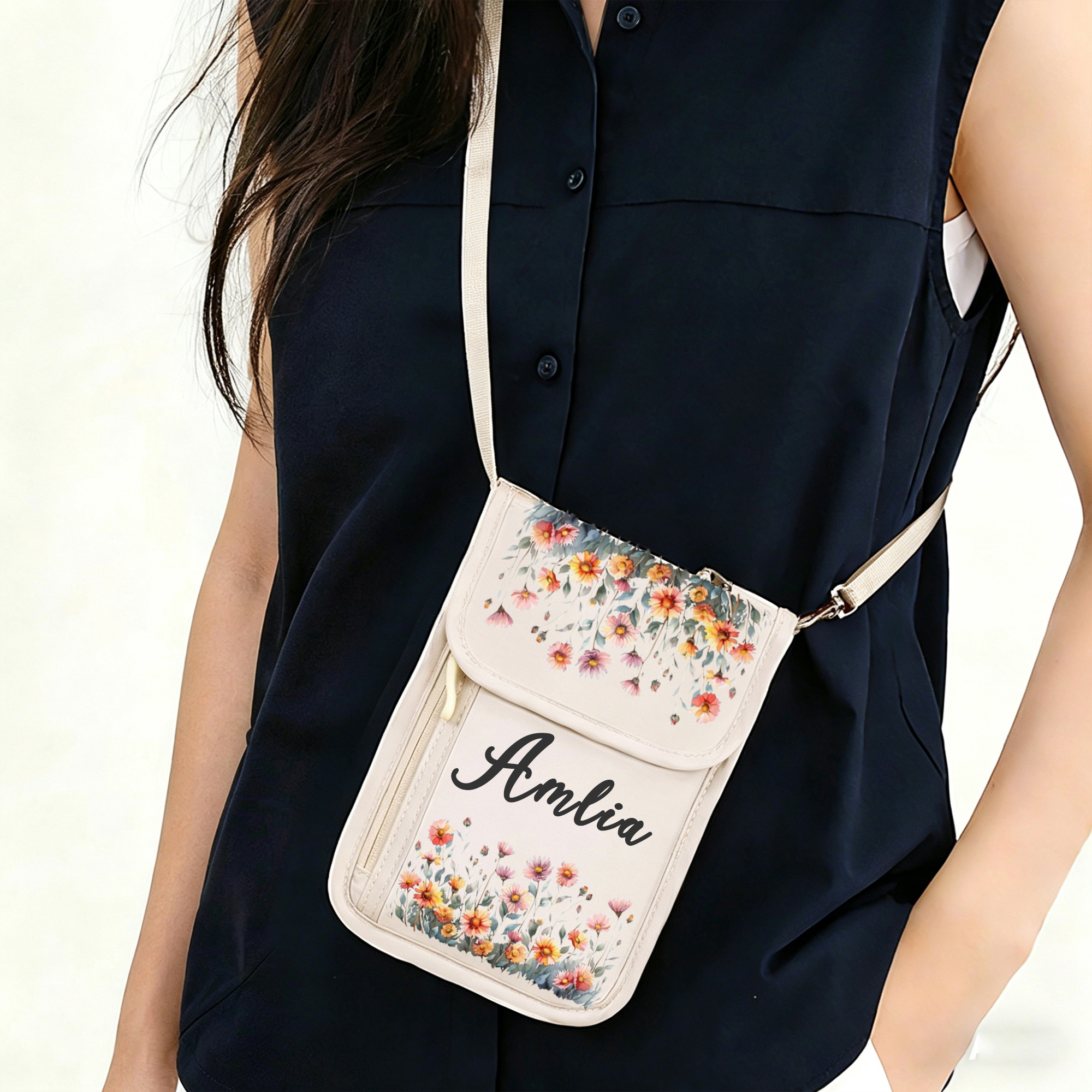 Personalized Waterproof Passport Crossbody Bag Custom Name and Birth Flower Travel Organizer with Modular Storage Adjustable Strap  Wallet Gift for Traveler