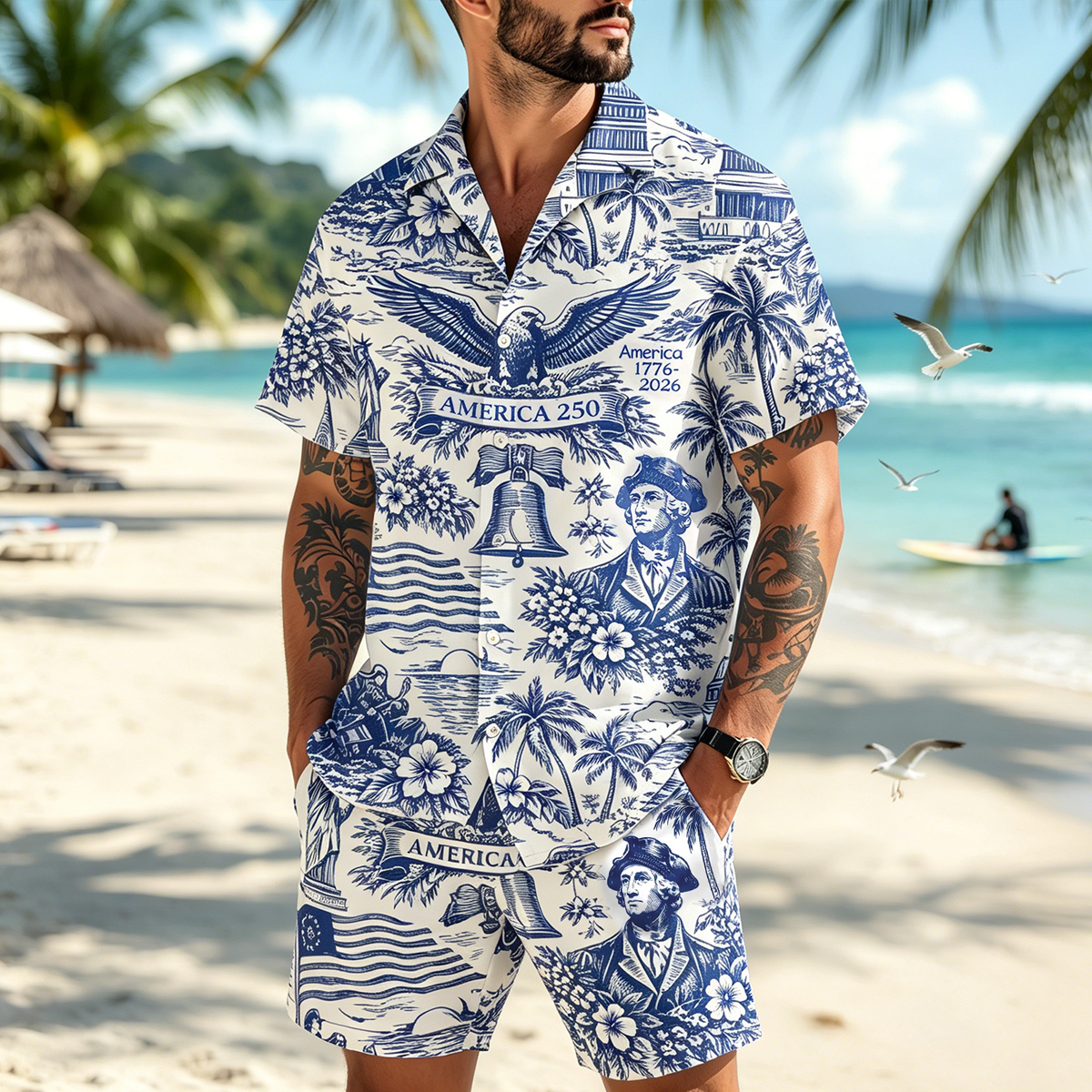 America 250 Hawaiian Shirt Shorts Set 1776–2026 Vintage Patriotic Shirt 250 Years of America Celebration