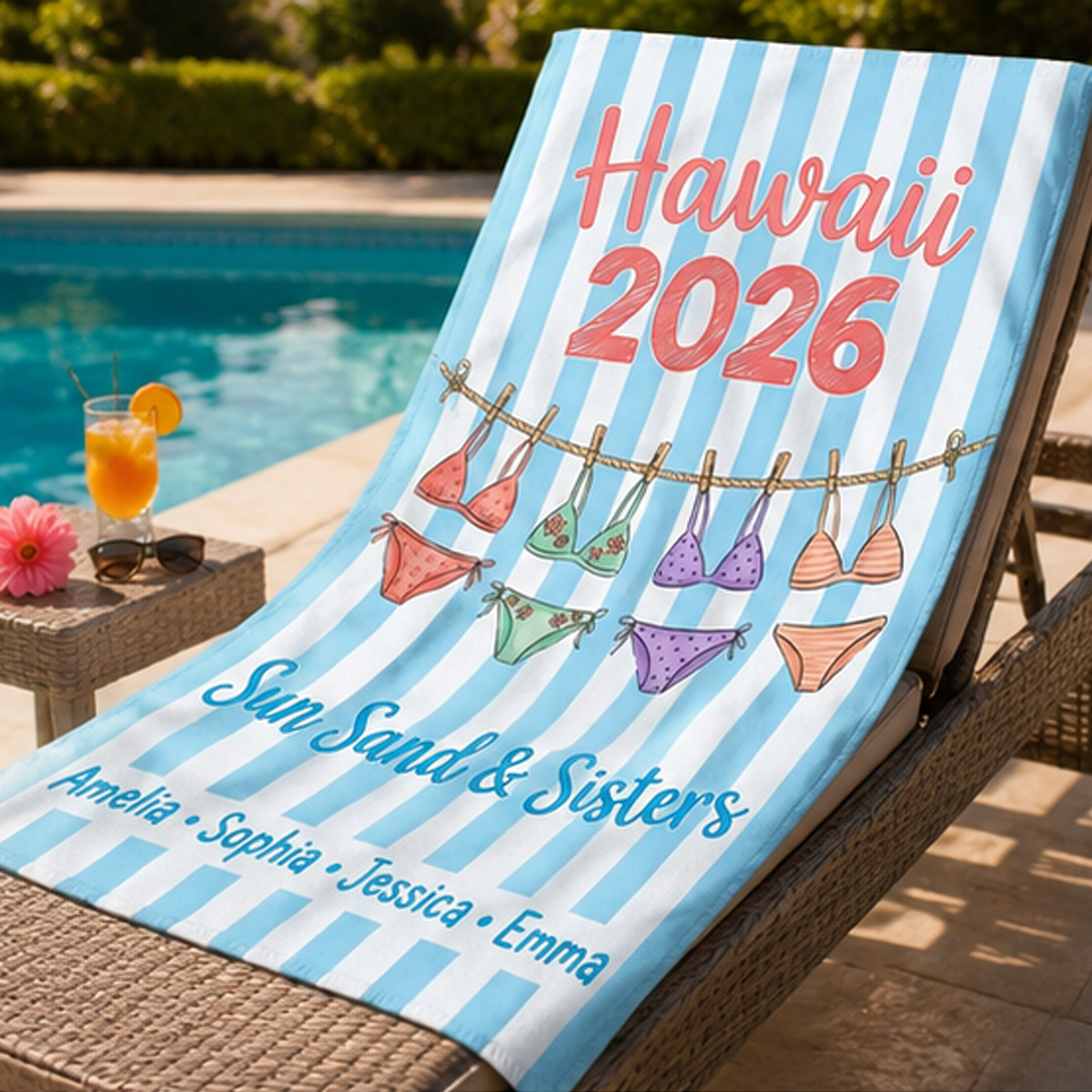 Personalized “Sun, Sand & Sisters” Beach Towel – Custom Hawaii Trip Year and Names