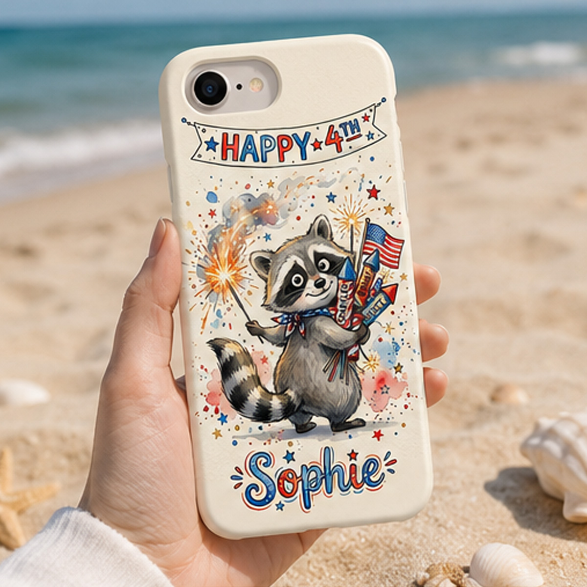 Personalized “Happy 4th” Raccoon Phone Case – Custom Name Patriotic Independence Day Cover