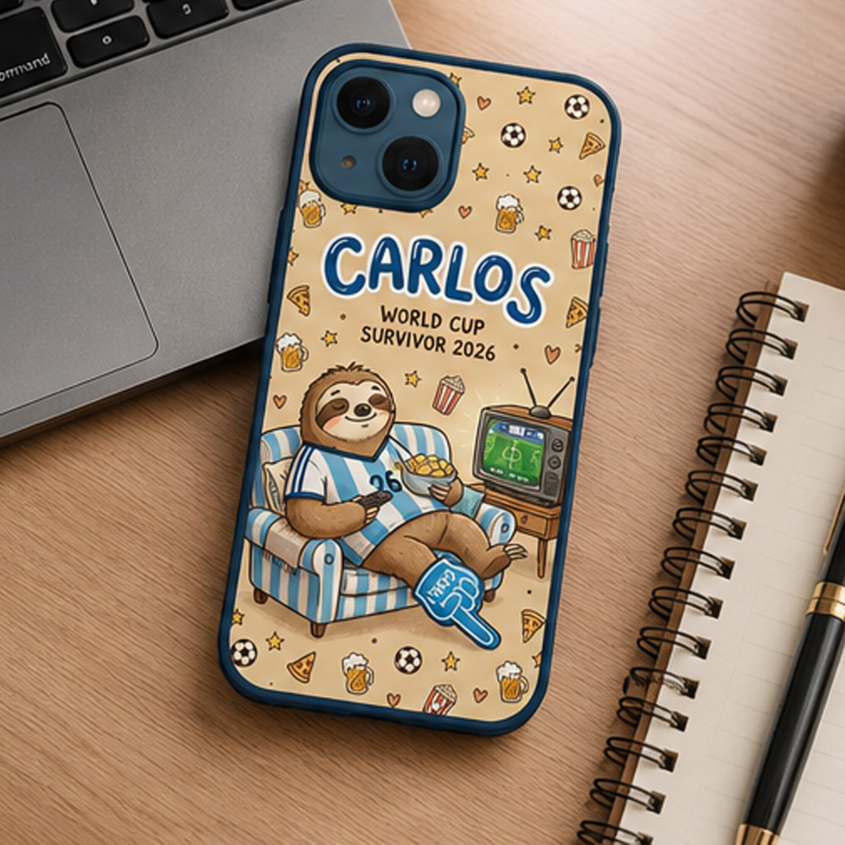 Personalized World Cup Survivor Phone Case – Custom Name & Jersey Sloth Soccer Fan Cover