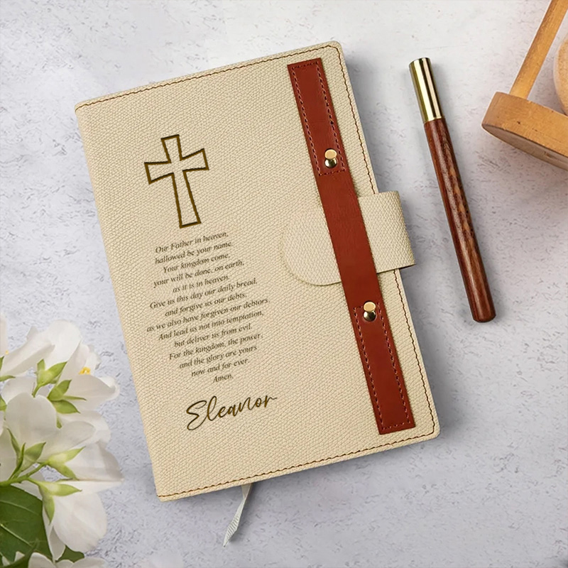 Personalized Engraved Cross the Lord's Prayer Leather A5 Lined Notebook with Name and Pen Loop Birthday Christmas Gift for Christian