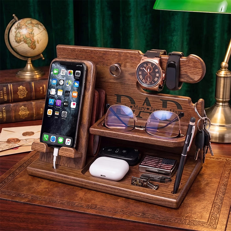 Personalized Dad Wood Docking Station with Kids Names Custom Wood Phone Docking Station Desk Organizer Engraved Phone Stand Phone Docking Station Gift for Papa Dad Grandpa Gifts