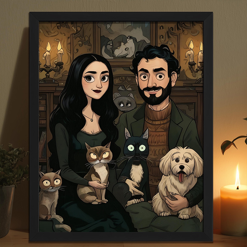Personalized Gothic Family Portrait with Pets Custom Poster Spooky Season Halloween Wall Art Family Illustration from Your Photo