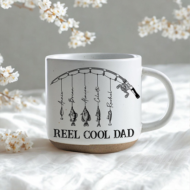 Personalized Engraved Reel Cool Dad Fishing Pottery Mug Fisher Grandpa Mug Reel Cool Papa Mug With Kids Name Fishing Lover Gift
