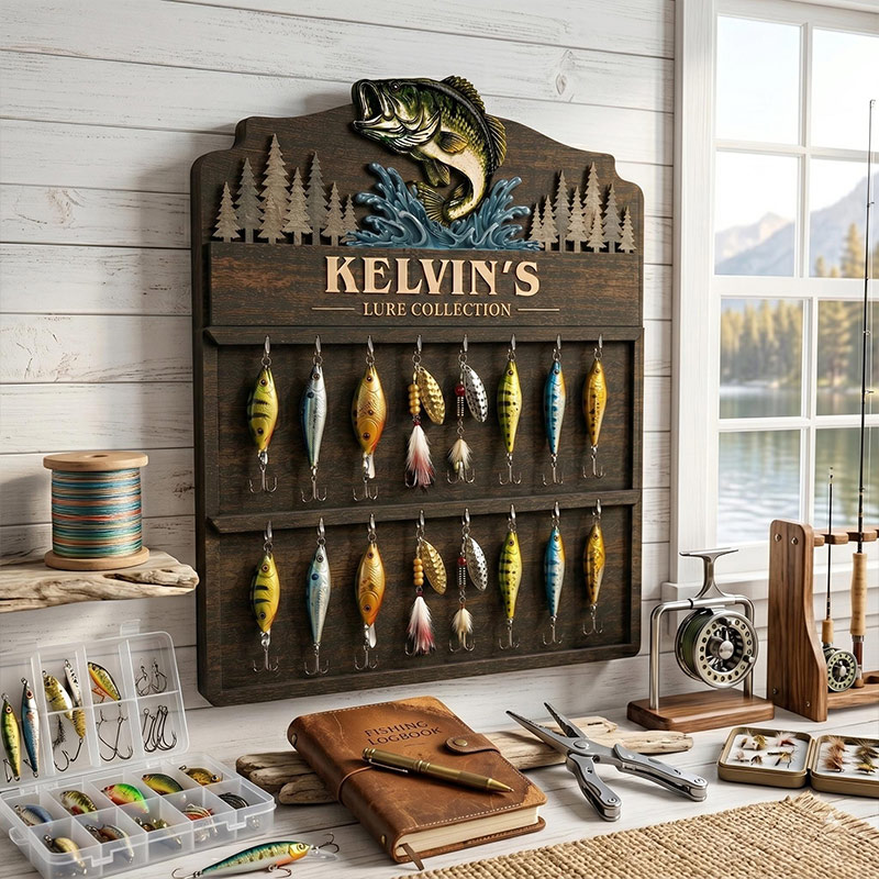 Personalized Reel Cool Dad Fishing lure Collection Holder Custom Fisherman Gift for Dad Uncle Grandpa Wooden Fishing Pole Organizer Bass Fish Wall Decor