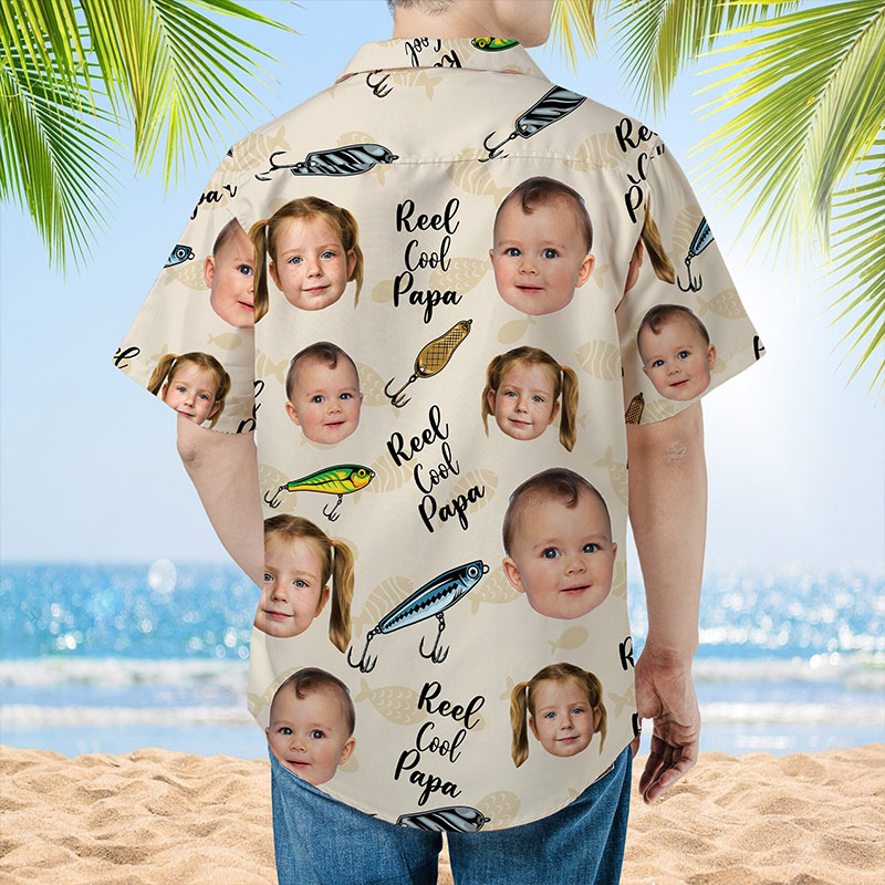 Personalized Reel Cool Papa Shirt Hawaiian Shirt With Face Custom Portrait Face Hawaiian Dad Grandpa Fishing Shirt With Kid Face Funny Papa Tee