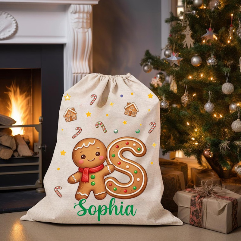 Personalized Christmas Gift Bags Custom Name Gingerbread Alphabet Santa Sack Holiday Present Storage
