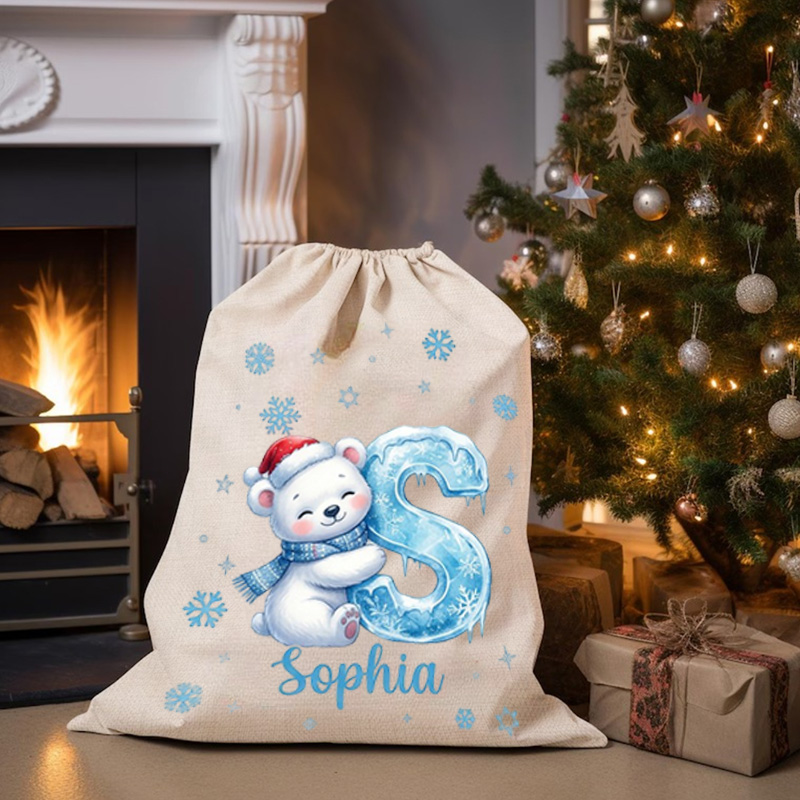 Personalized Christmas Gift Sack Custom Name Snow Bear Alphabet Santa Bag Holiday Present Storage For Kids