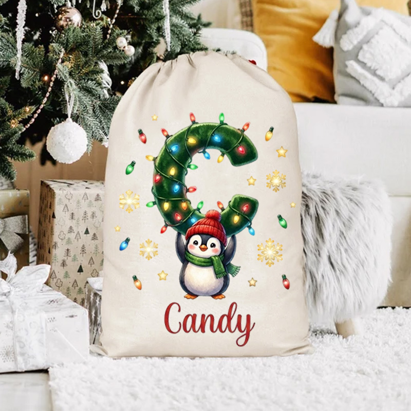 Personalized Christmas Gift Sack Custom Name Penguin Alphabet Santa Bag Holiday Present Storage For Kids