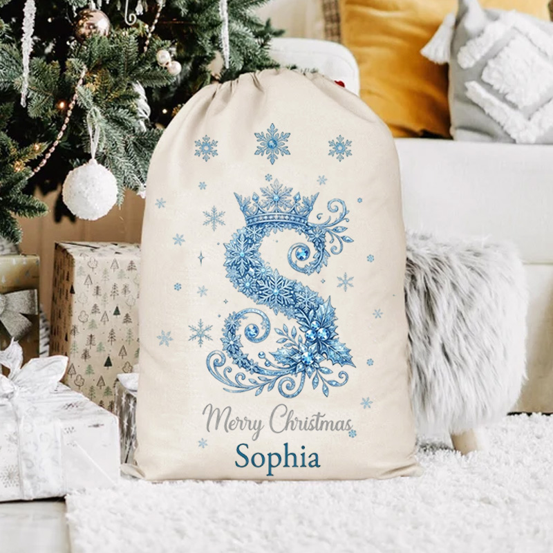 Personalized Christmas Gift Sack Custom Name Blue Snowflake Alphabet Santa Bag Holiday Present Storage