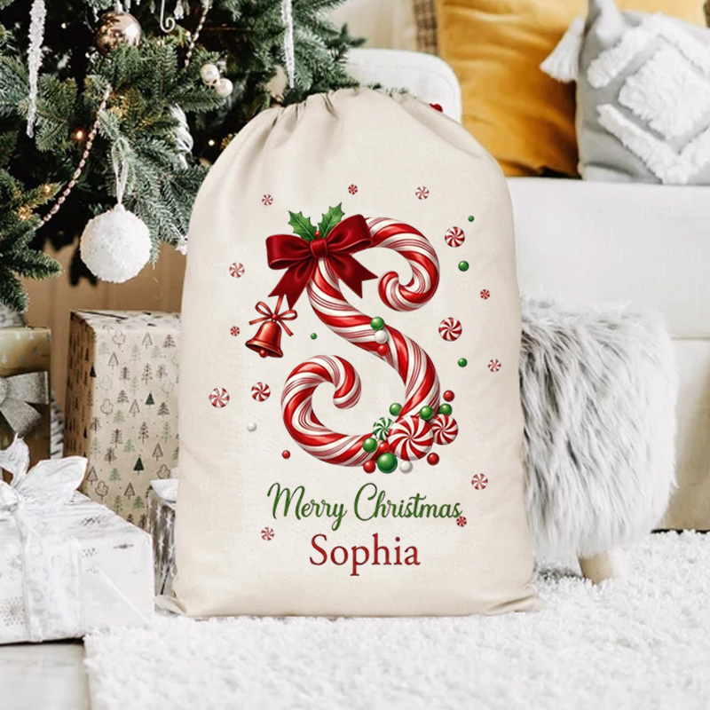 Personalized Christmas Gift Sack Custom Name Candy Cane Alphabet Santa Bag Holiday Present Storage