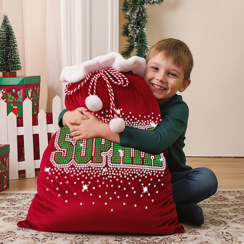 Personalized Christmas Gift Sack Custom Shiny Name Drip Faux Rhinestone Red Santa Bag Letter Holiday Present Storage