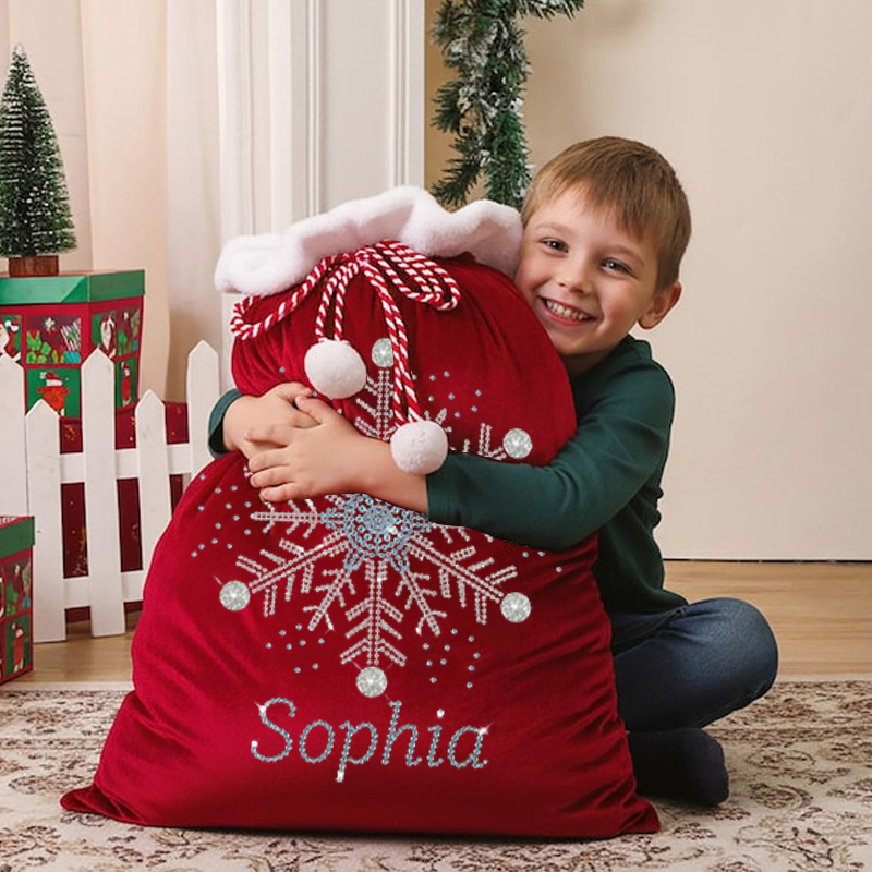 Personalized Christmas Gift Sack Custom Name Velvet Santa Bag White Snowflake Large Holiday Storage