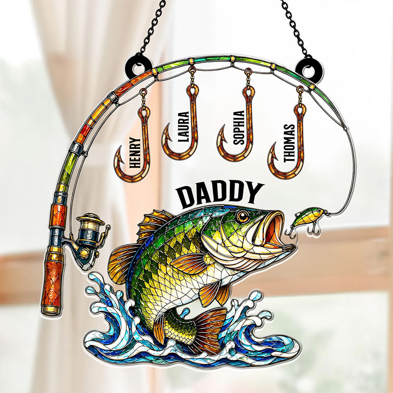 Personalized Fishing Daddy Acrylic Suncatcher with Kids Names Custom Fishing Lover Gift for Dad Grandpa