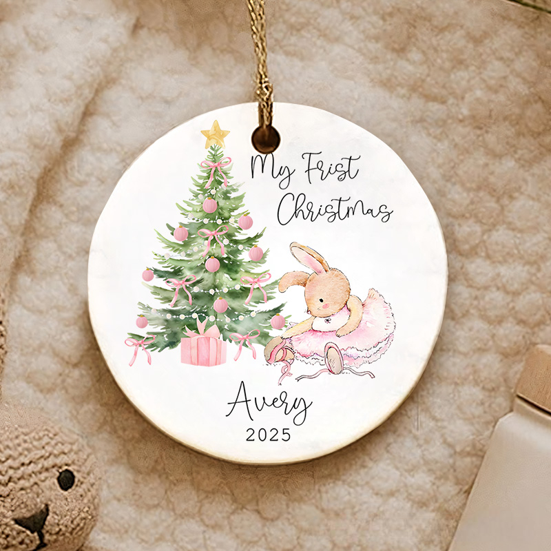 Personalized Bunny with Christmas Tree Baby's First Christmas Ornament