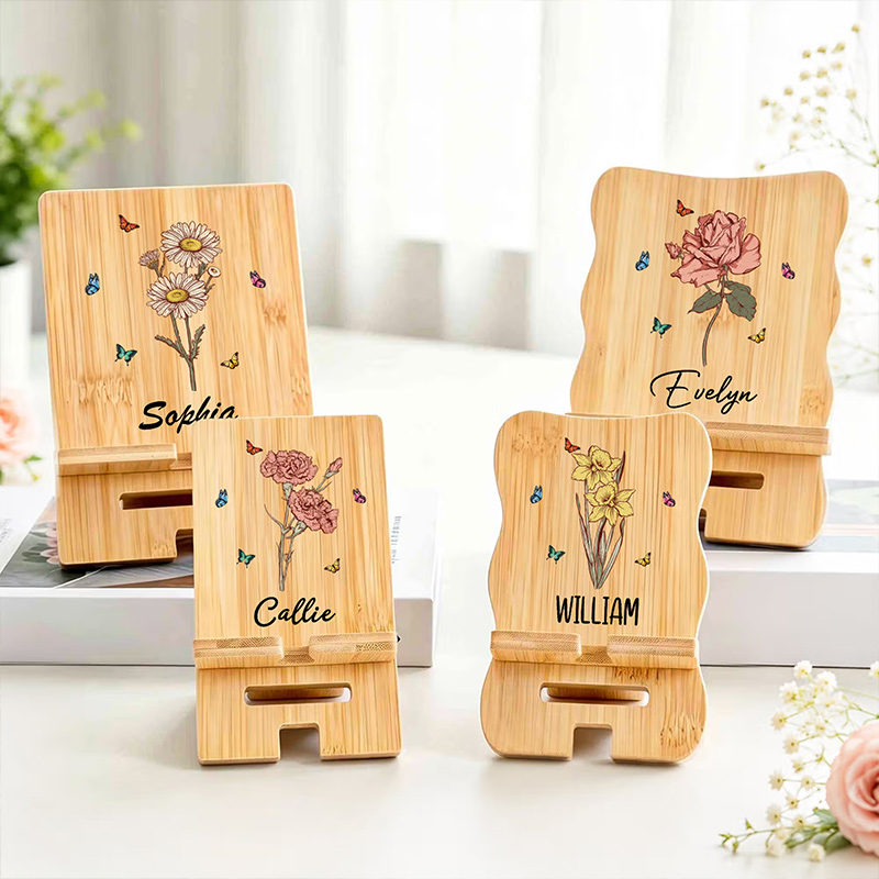 Personalized Retro Birth Flower Butterfly Wooden Phone Holder with Name Custom Grandma Mom Phone Holder Office Home Daily Use Birthday Gift for Family