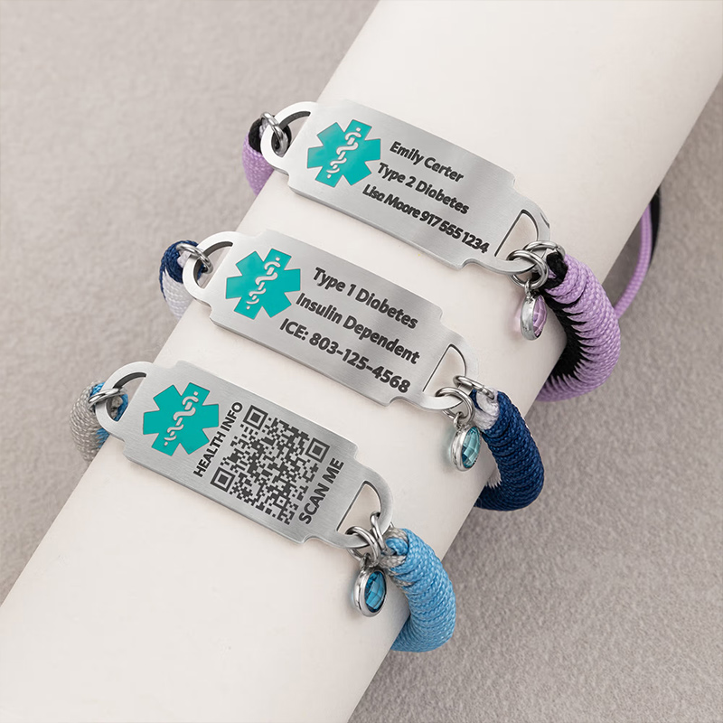 Personalized Adjustable Rope QR Code Medical Alert ID Bracelet with Birthstone and Text Emergency Gift for Diabetes Allergy Epilepsy Patient Family Gift