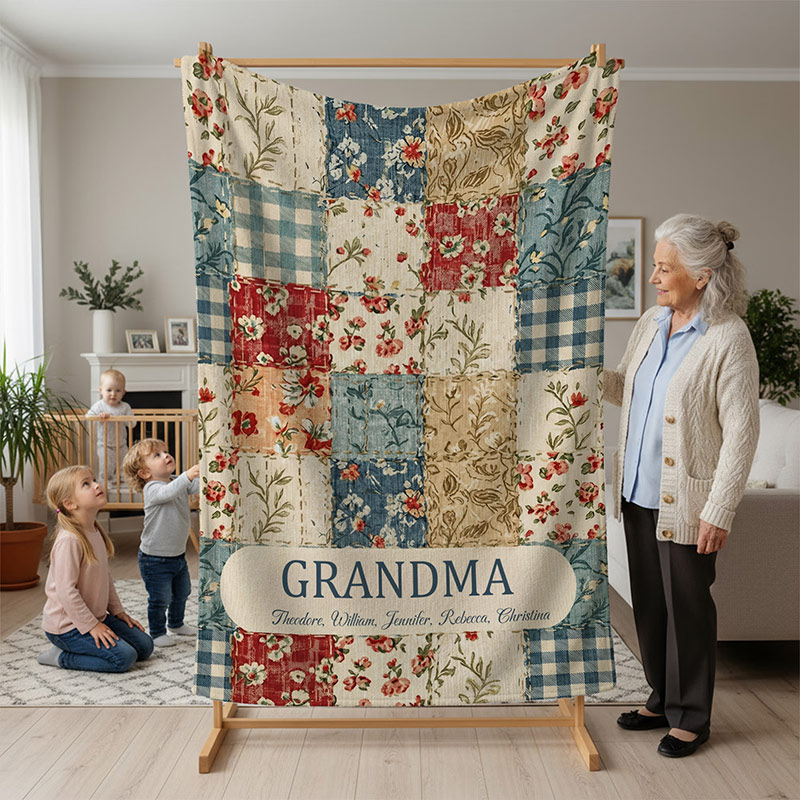 Personalized Vintage Flower Checkered Patchwork Tassel Soft Throw Blanket with Names and Title Mother's Day Birthday Gift for Grandma Mom