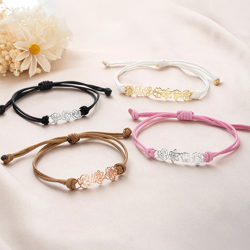 Personalized Minimalist Adjustable 1-8 Birth Flower Waxed Line Bracelet Charm Jewelry Birthday Mother's Day Christmas Gift for Family Mom Grandma Gift