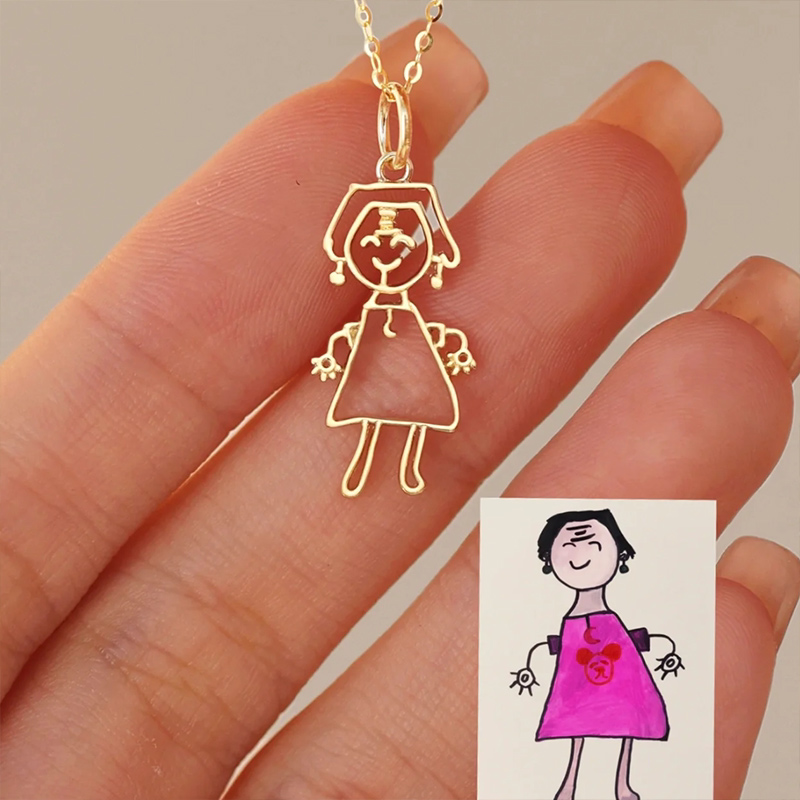 Personalized Actual Kids Drawing Necklace for Mom Grandma Custom Children Artwork Necklace Birthday Gift for Family Mother's Day Gift