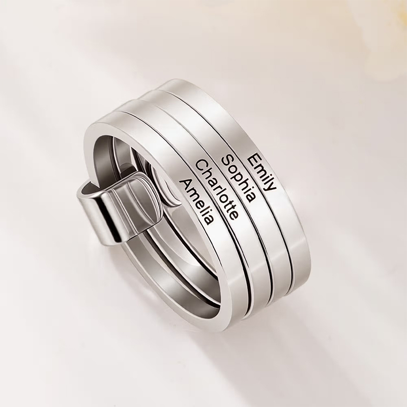 Personalized Sterling Silver Name Stacking Rings Custom Engraved 2-5 Bands with Heart Accent, Daily Wear Jewelry for Mom Grandma