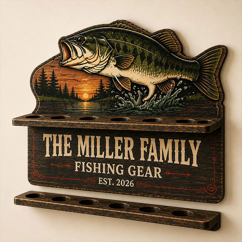 Personalized Bass Fishing Rod Holder Fishing Pole Rack Custom Fishing Gear Organizer Fisherman Gift for Dad Garage Cabin Wall Storage