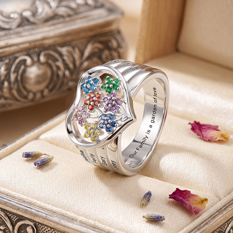 Personalized Grandma's Garden Birthstone Flower Family Ring with Engraved Names Birthday Mother's Day Gift for Grandma Mom