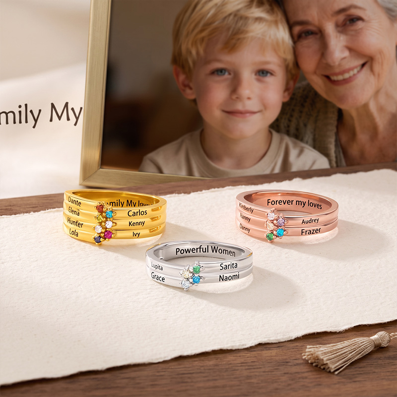 Personalized 1-8 Birthstones Ring with Engraved Name Dainty Women Jewelry Birthday Mother's Day Gift for Mom Grandma