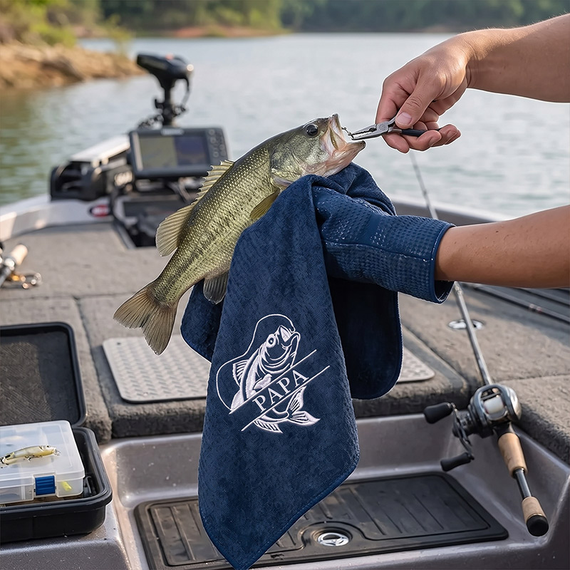 Personalized Dad Fishing Waffle Towel Monogram Embroidery Waffle Towel with Name and Hanging Clip Birthday Gift for Dad Grandpa Fishing Enthusiasts