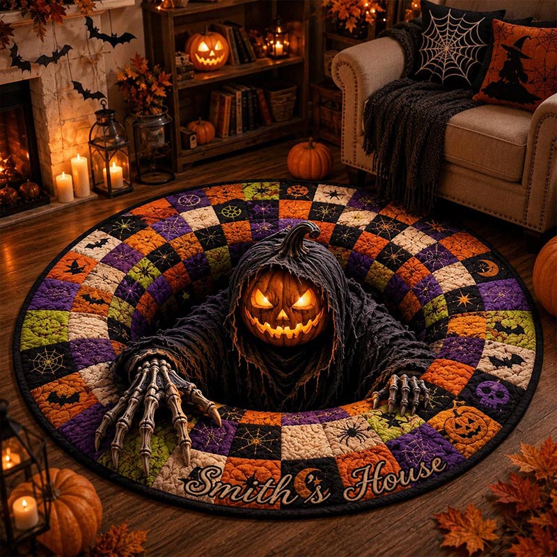 Personalized Quilted Round Halloween Rug Custom Family Name Pumpkin Reaper Rug Spooky Patchwork Decor Gothic Horror Doormat Halloween Gift