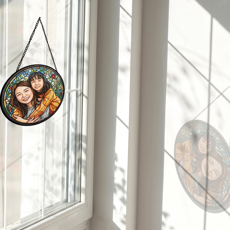 Persnalized Sun Catcher Mom Daughter Gift Custom Floral Stained Glass Portrait Photo Window Art