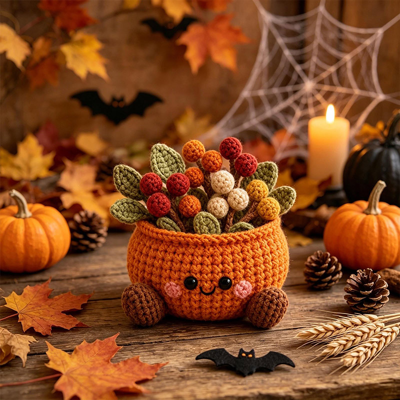 Personalized Handmade Crochet Pumpkin Flower Pot Cute Fall Desk & Tiered Tray Decor Halloween and Harvest Festival Gift for Coworker Friend Family