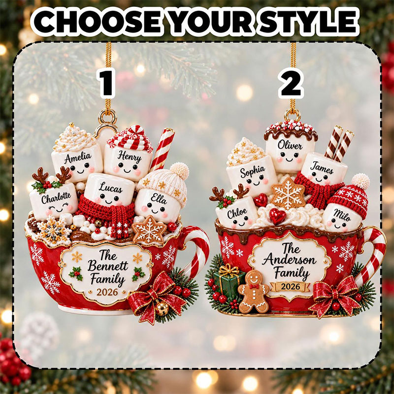 Personalized Family Christmas Ornament Hot Cocoa Marshmallow Keepsake Custom Name GIFT 2026 Holiday Tree Decor Family Gift for Parents