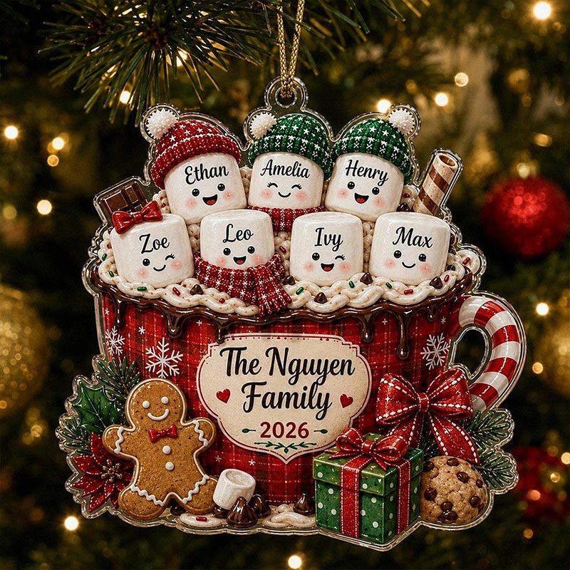 Personalized Marshmallow Family Ornament 2026 Custom Hot Cocoa Cup Acrylic Decor Christmas Tree Keepsake Gift