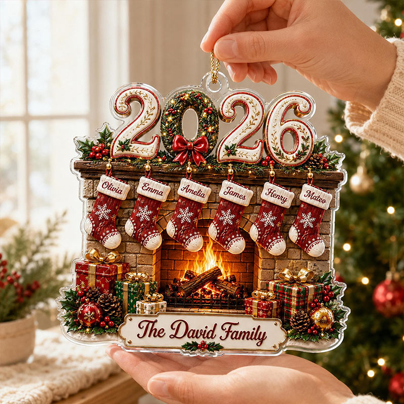Personalized Family Christmas Acrylic Ornament 2026 Custom Family Name Fireplace Ornament 2D Stocking Ornament Christmas Gift