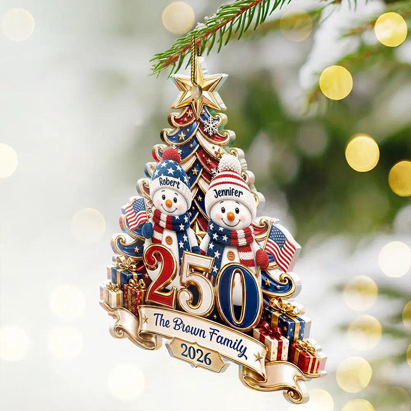 Personalized 250 Years Of Freedom Christmas Ornament Snowman with Family Names Custom Acrylic Keepsake Patriotic Family Holiday Gift