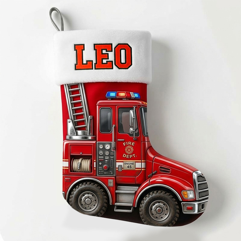 Personalized Fire Truck Christmas Stocking Custom Name Red Fire Engine Gift For Kids Toddler Boys Holiday Fireplace Mantel Decoration