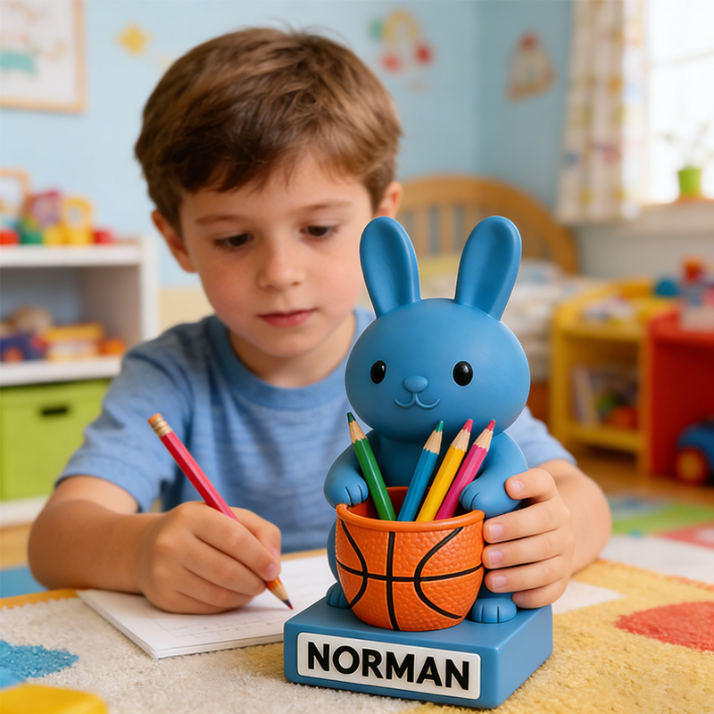 Personalized Basketball Bunny 3D Printed Pen Holder with Custom Name for Kids and Students
