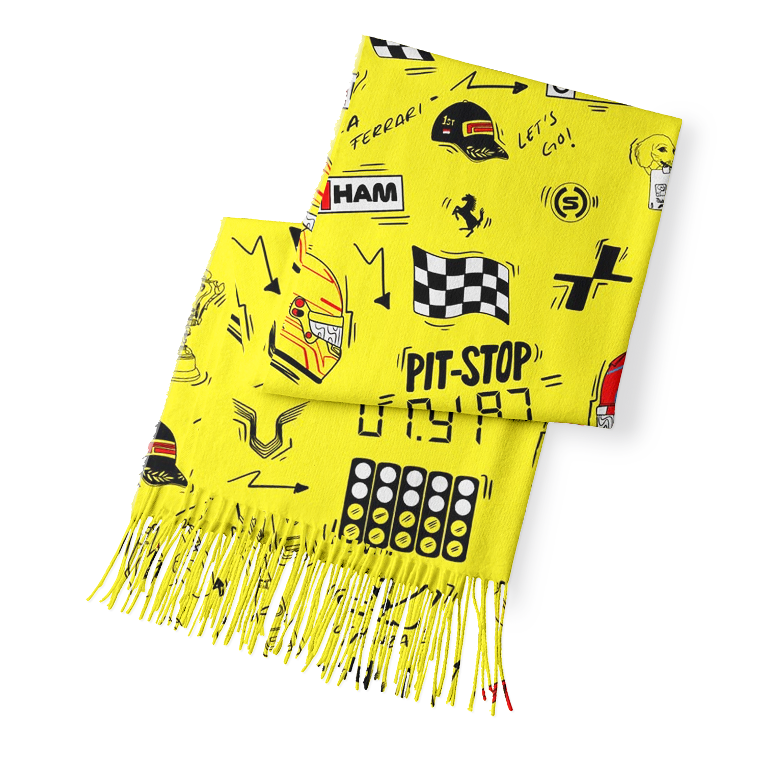 Racing Fan Fringed Scarf Bundle, Doodle‑Graphic Shawl for Race Supporters