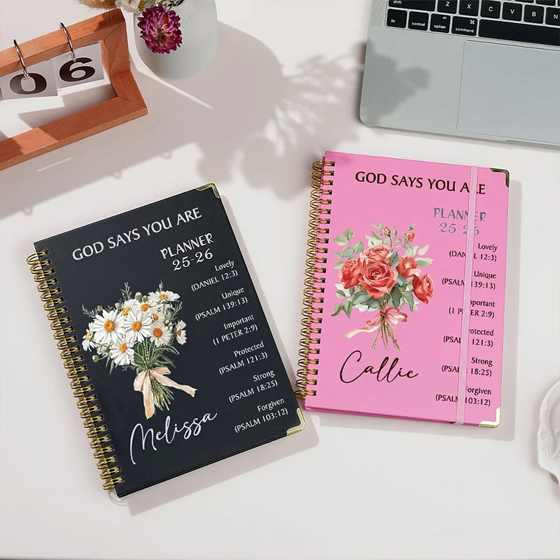 Personalized Flower Bouquet Bible Verse Planner 25-26 Spiral A5 Notebook with Name Birthday Gift Religious Gift for Christian