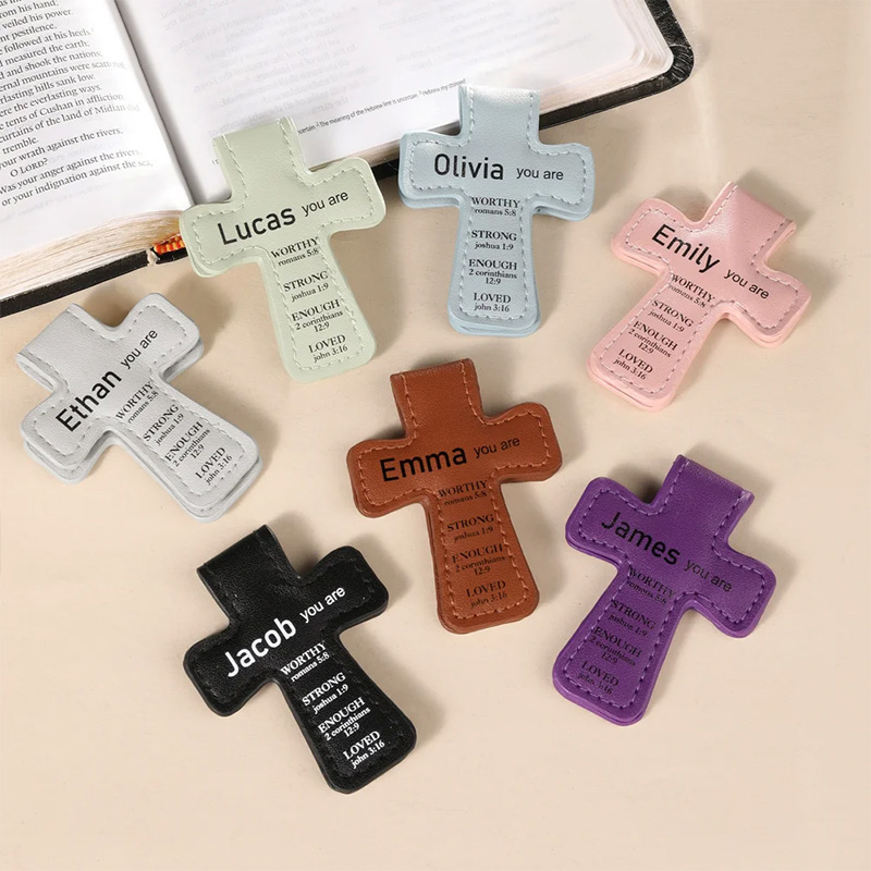Personalized Inspirational Bible Verses Cross PU Leather Magnetic Bookmark Clip First Communion Baptism Back to School Gift for Christians Bookworms
